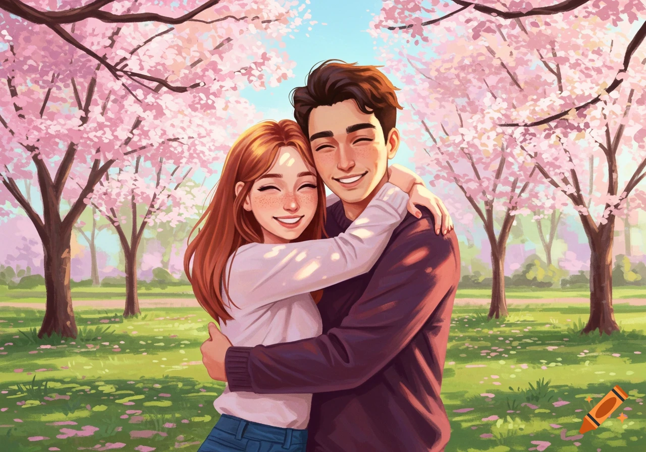 Illustration of a couple hugging in a park filled with cherry blossoms.