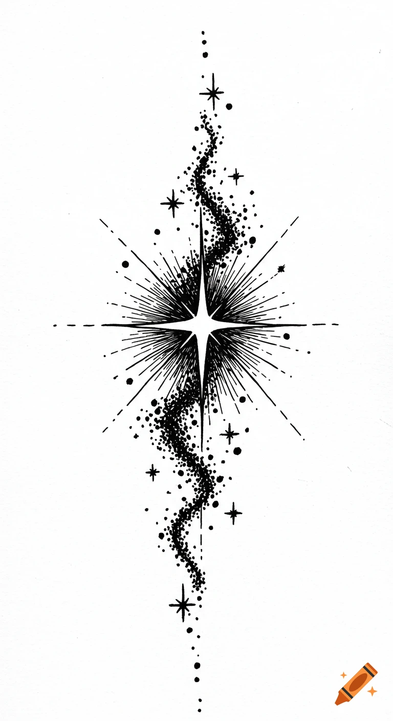 Black and white stylized vertical drawing of a radiating star with a ...