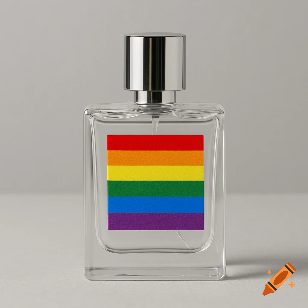 A clear glass perfume bottle with a rainbow label.
