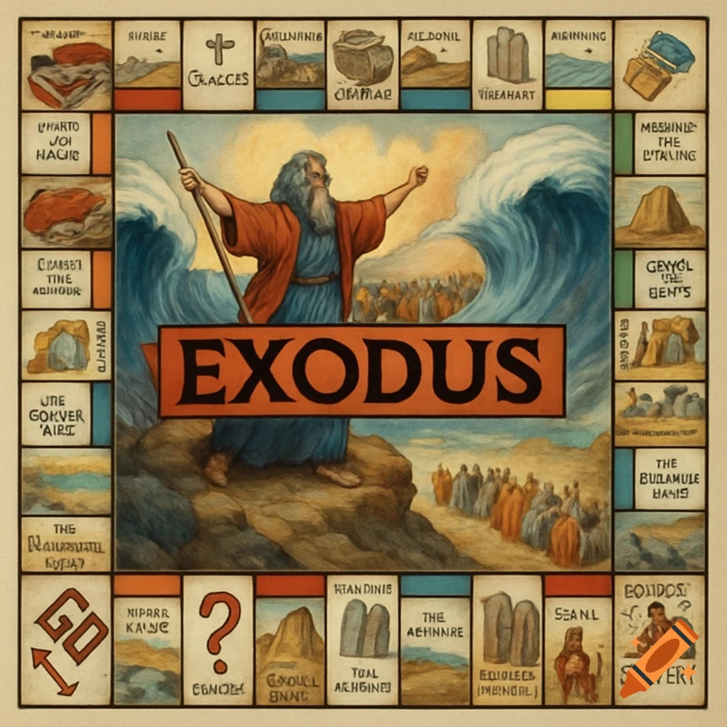 Illustration of Moses parting the Red Sea on a biblical Exodus themed board game