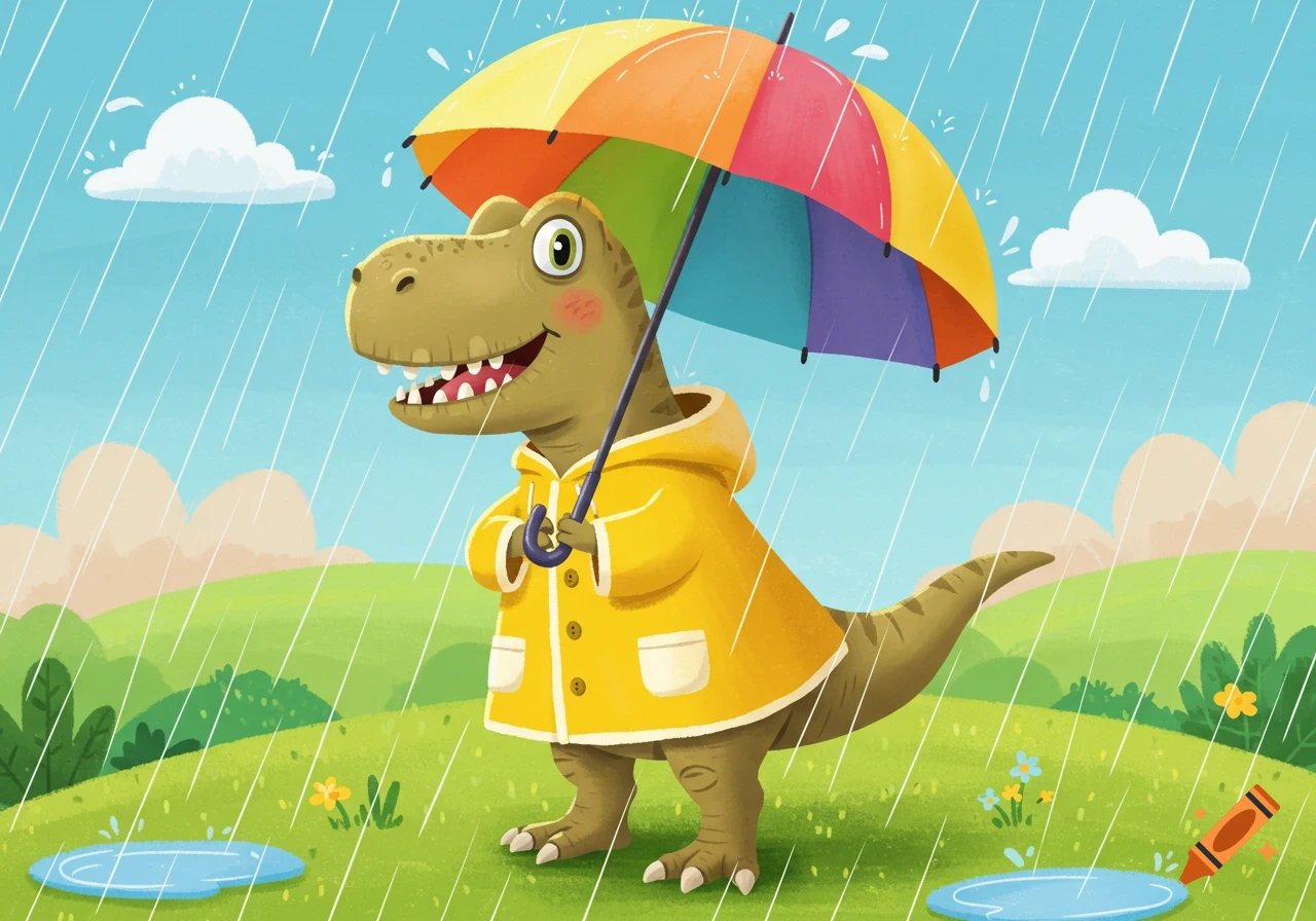 Cartoon T-Rex in a yellow raincoat holding a rainbow umbrella in the rain.