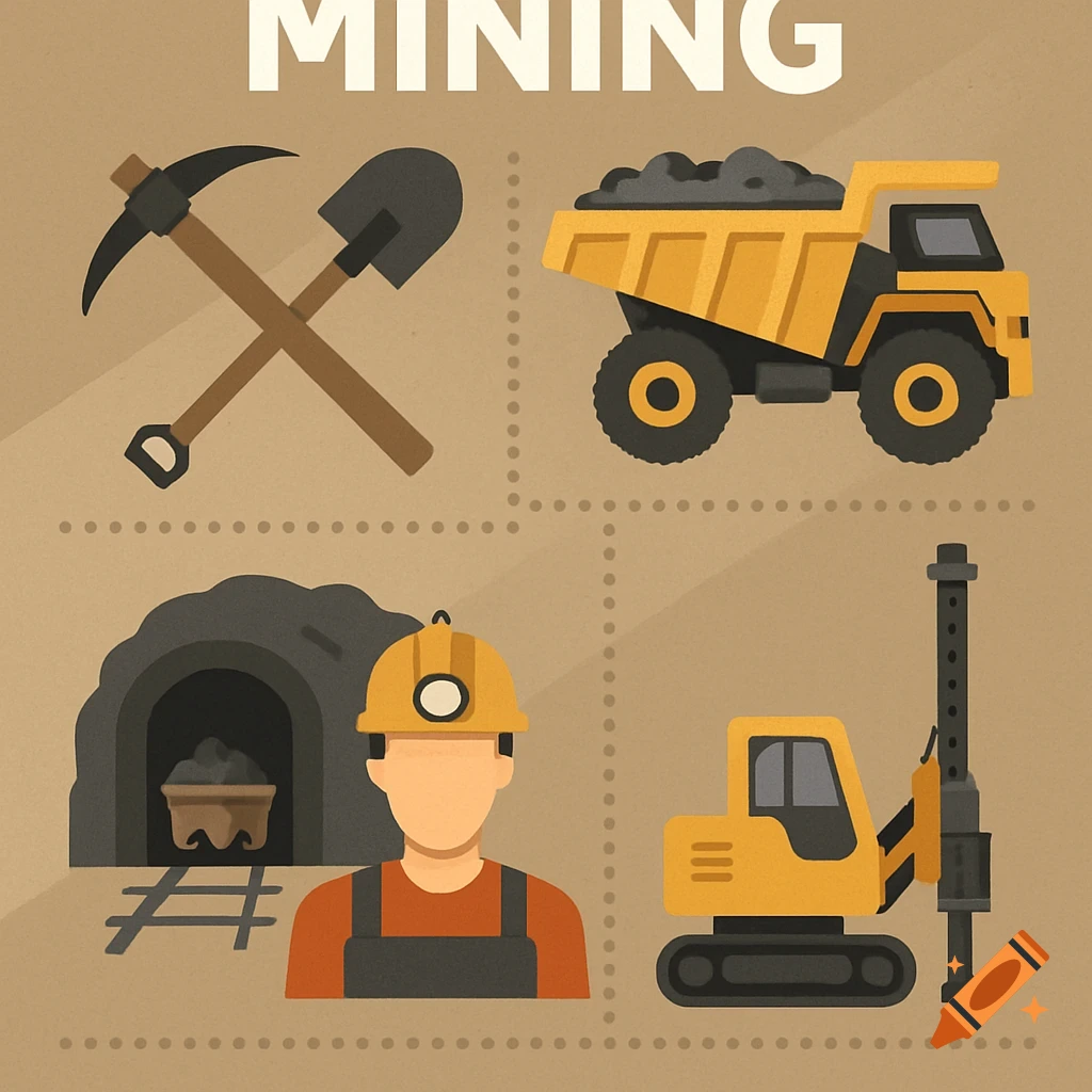 Illustration of mining tools, vehicles, a mine entrance, and a miner.
