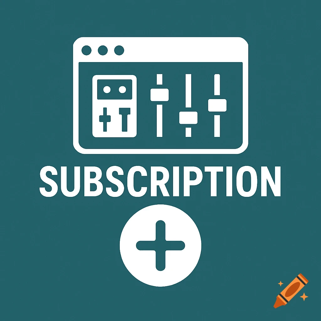 A white icon with a music mixer, the word 'SUBSCRIPTION', and a plus sign on a teal background.