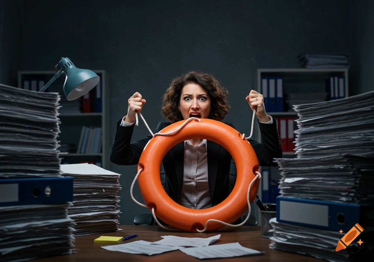 Stressed businesswoman at desk surrounded by paperwork holding a life preserver