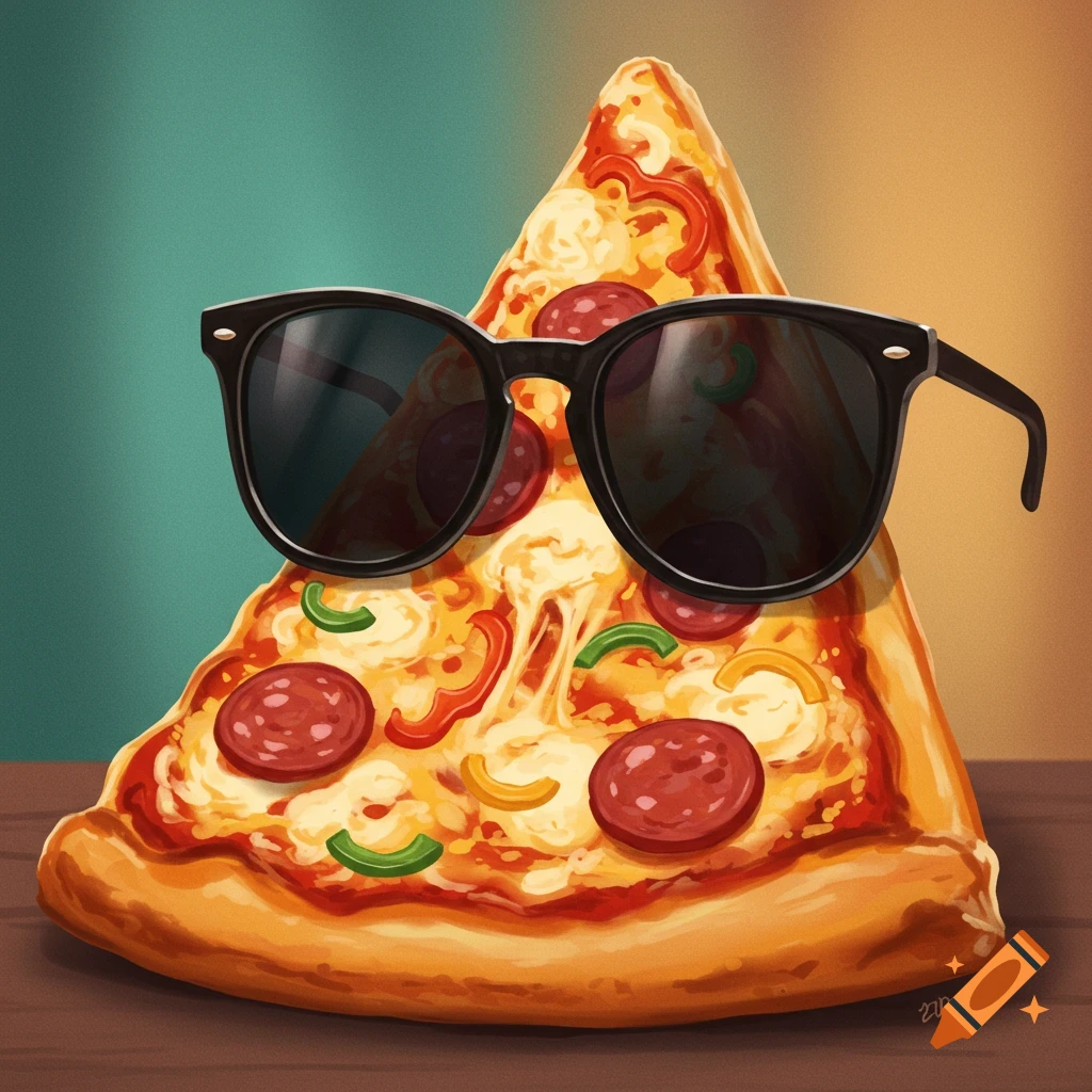 A slice of pizza wearing sunglasses, digital illustration.
