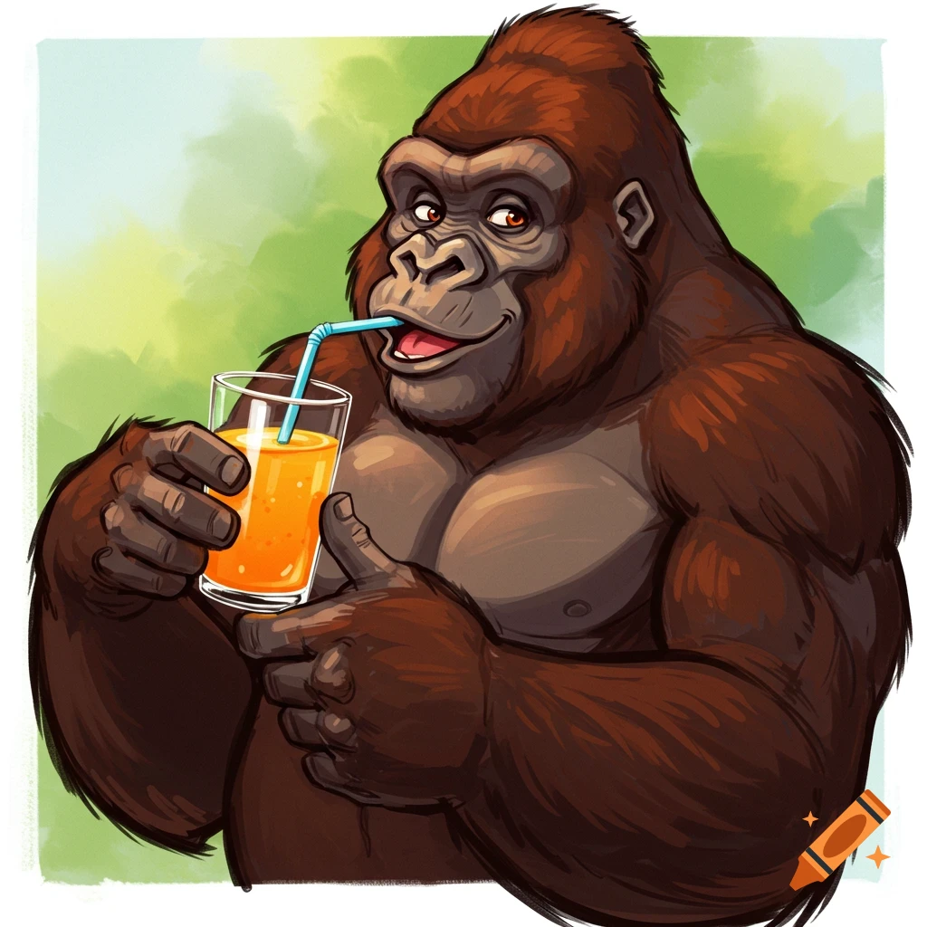 Cartoon illustration of a muscular gorilla happily drinking orange juice through a straw.