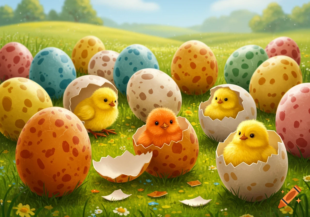 Cute chicks hatching from speckled Easter eggs in a grassy field.