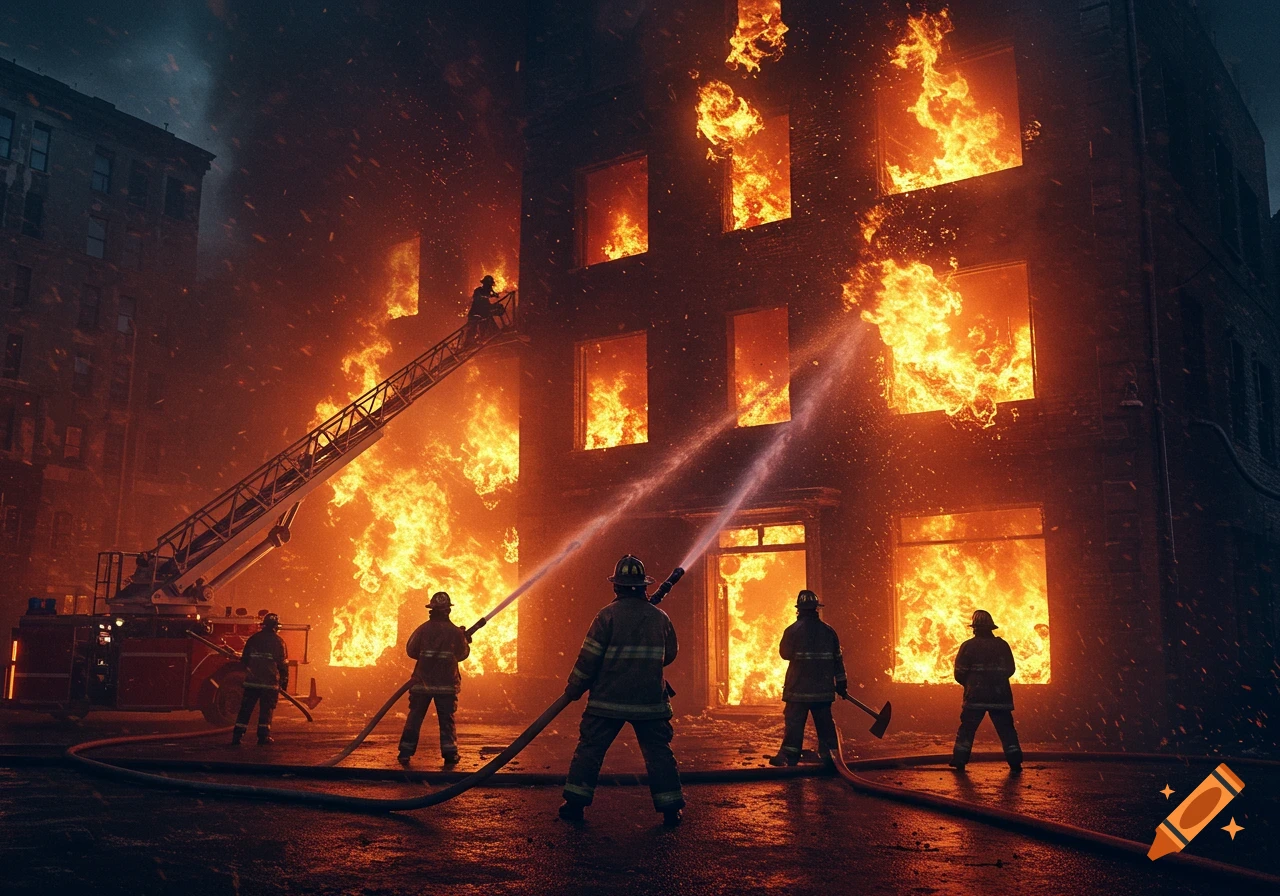 Firefighters battle a large building fire with hoses and a ladder truck.