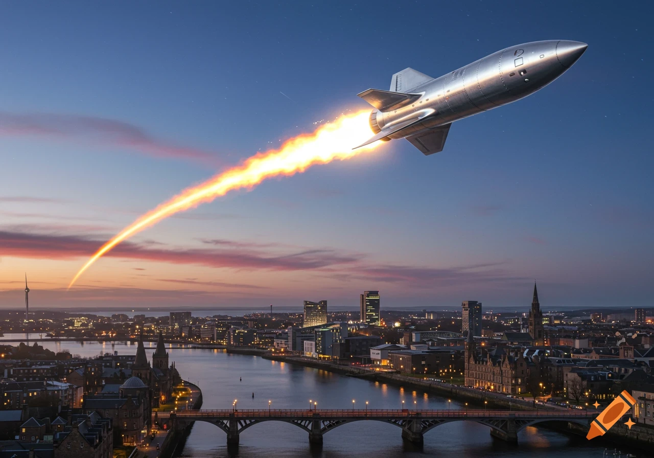 A rocket flies high over a river and city skyline at dusk, leaving a fiery trail.