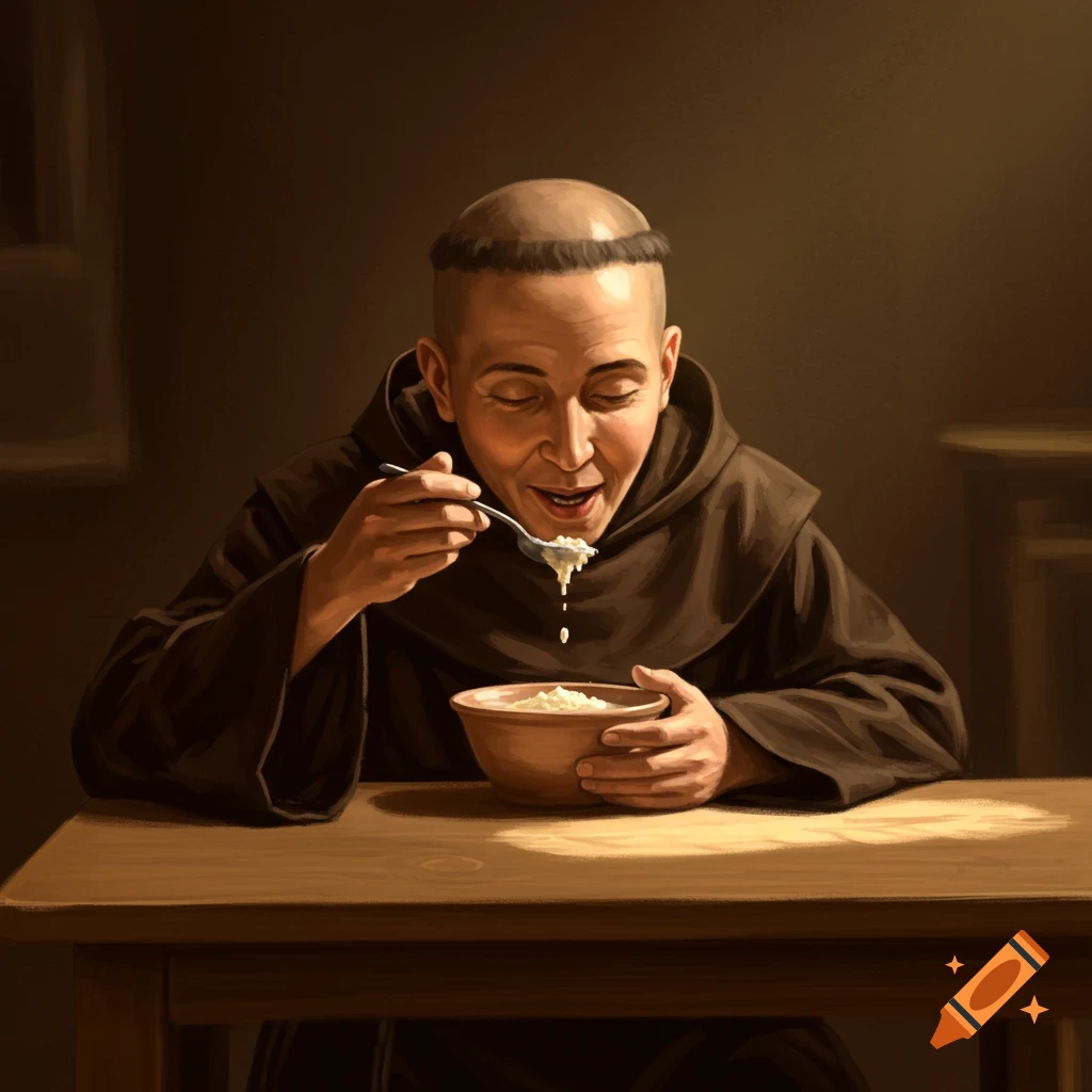 A monk in a brown habit eats porridge from a bowl at a table in a painting style.