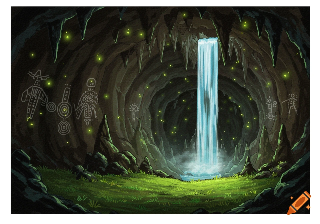 Illustration of a cave with a waterfall, indigenous art on the walls, glow worms, and green grass.