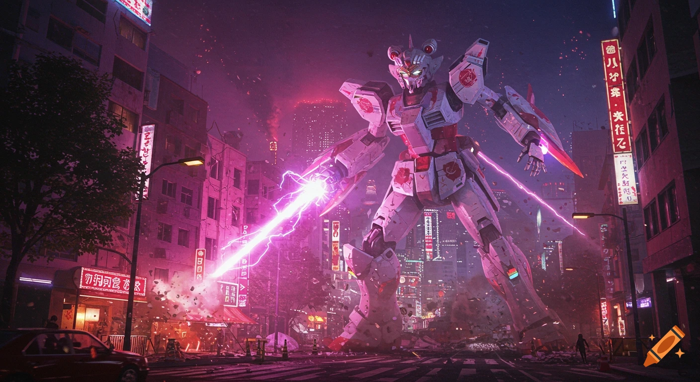 A giant white and red mecha rampages through a neon-lit Japanese city at night, firing lasers.