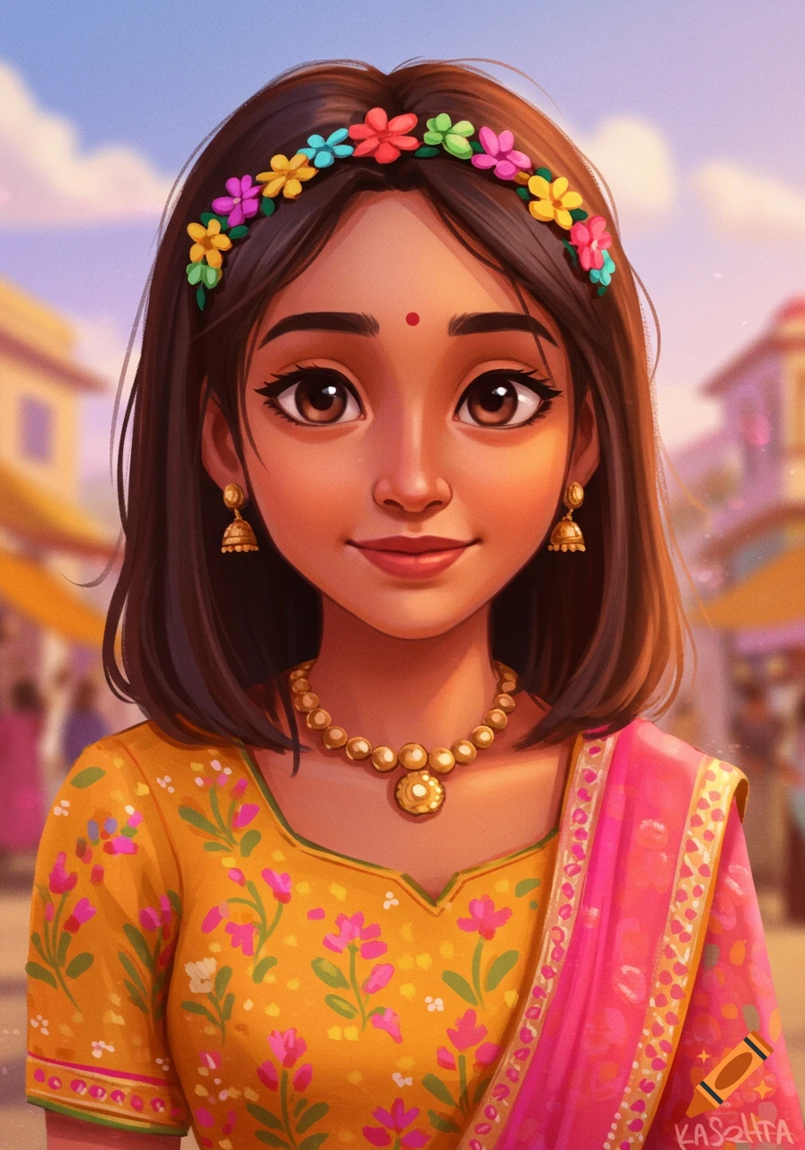 Stylized portrait of a young Indian girl in traditional dress and flower headband.