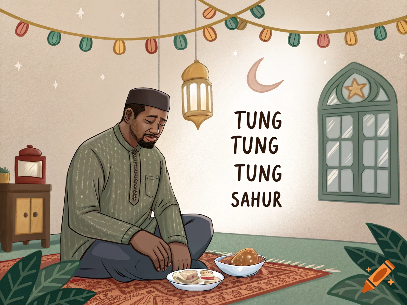 Illustration of a man sitting on a prayer rug with food, religious decorations, and text on the wall.