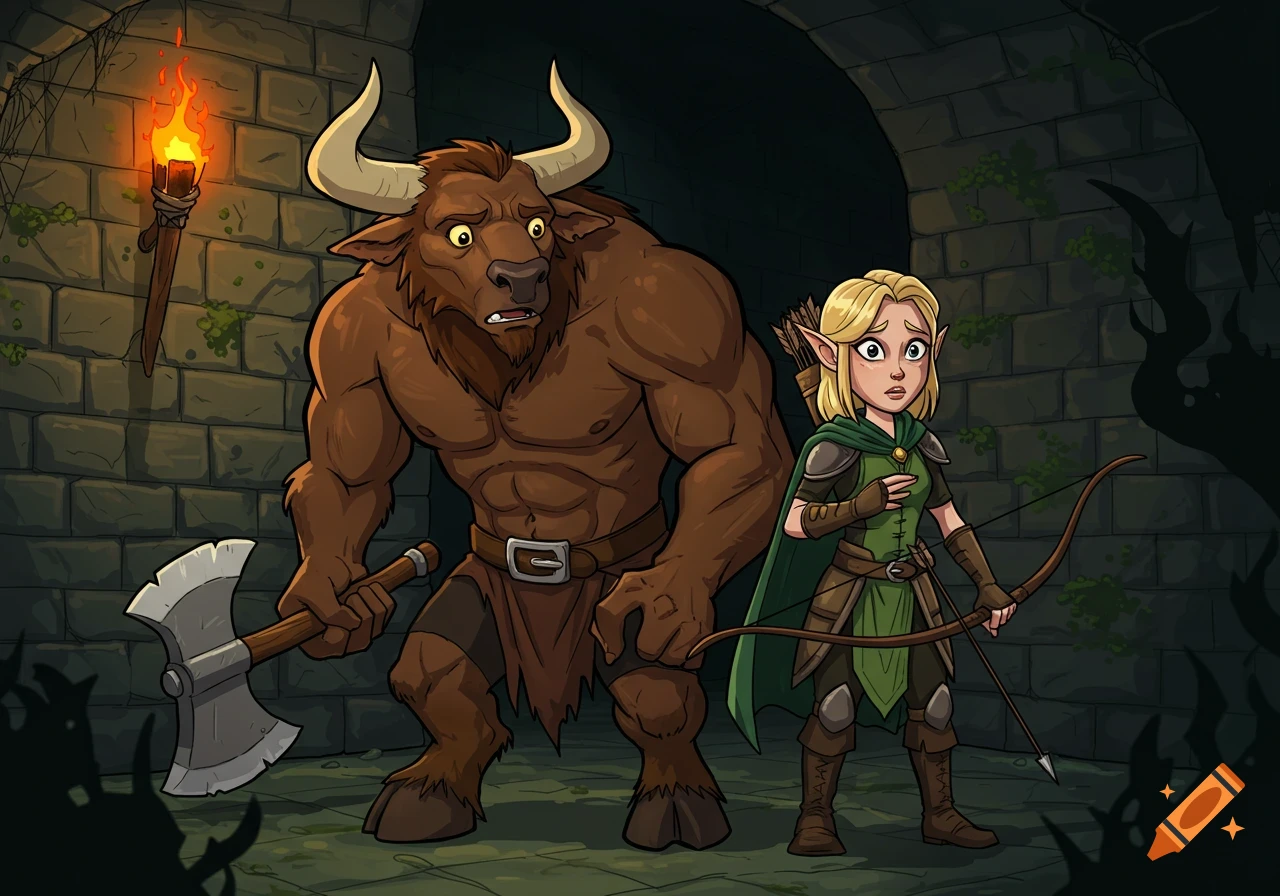 Cartoon drawing of a nervous minotaur and elf archer in a dungeon.