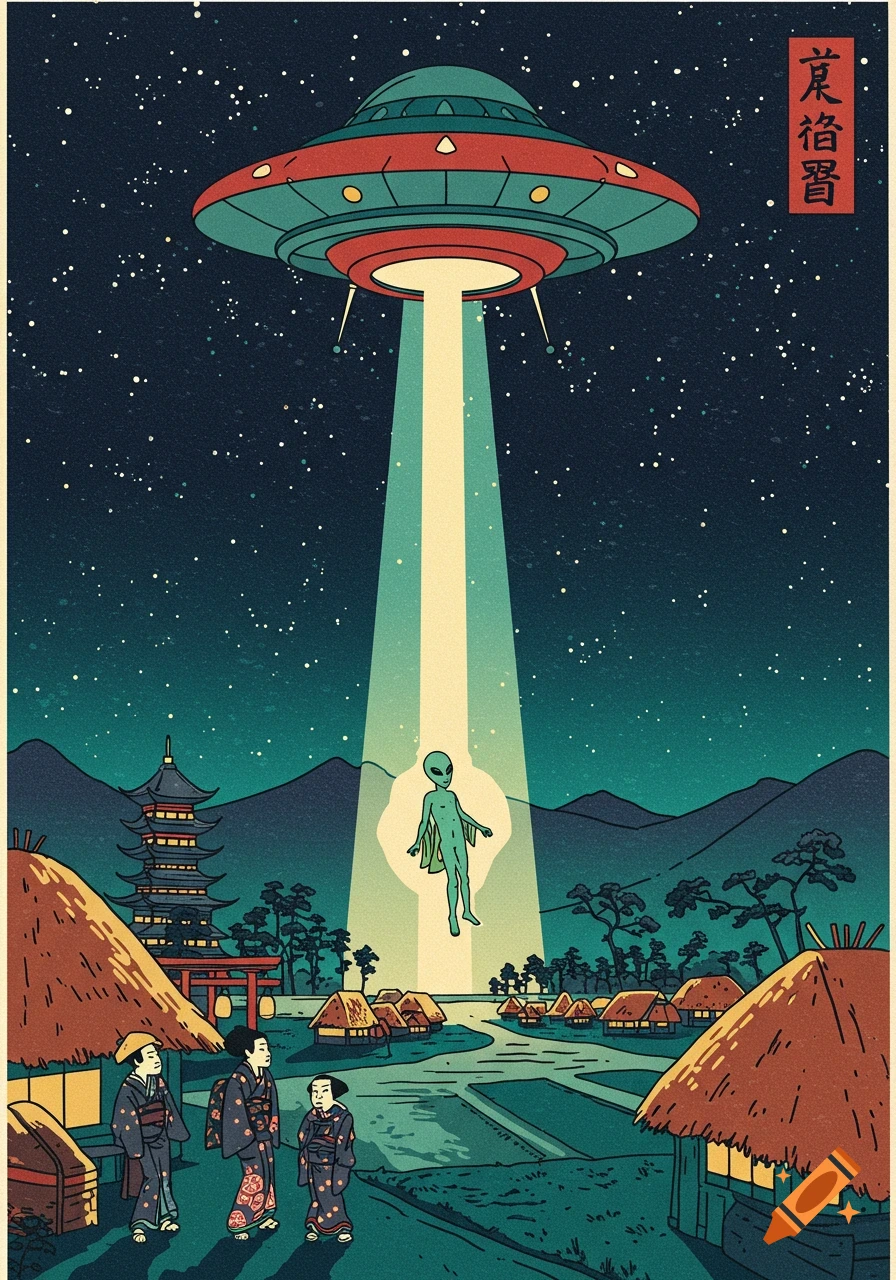 A Japanese wood print style illustration of a UFO beaming up an alien over a village with people watching.
