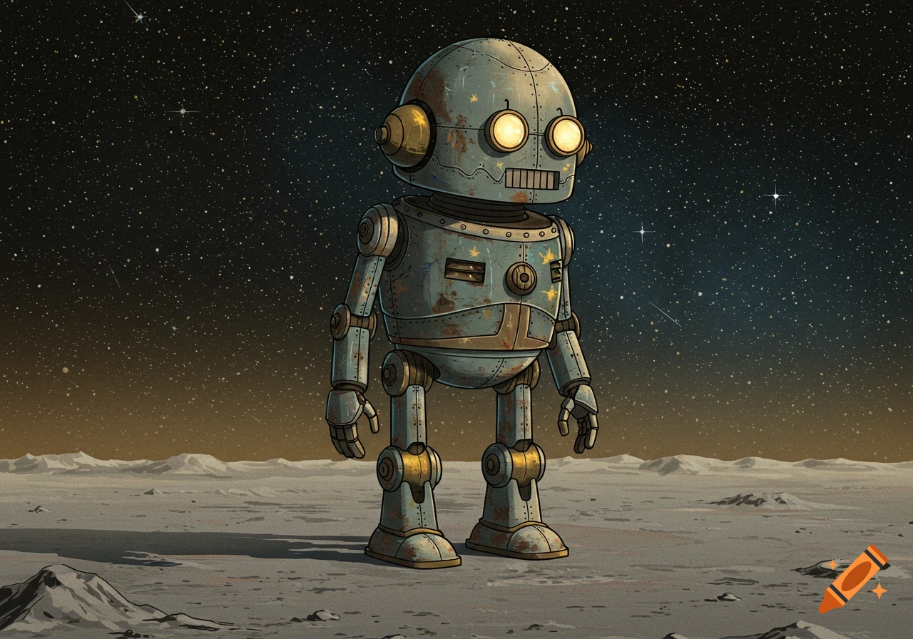 A vintage-style robot stands on the moon under a starry sky.