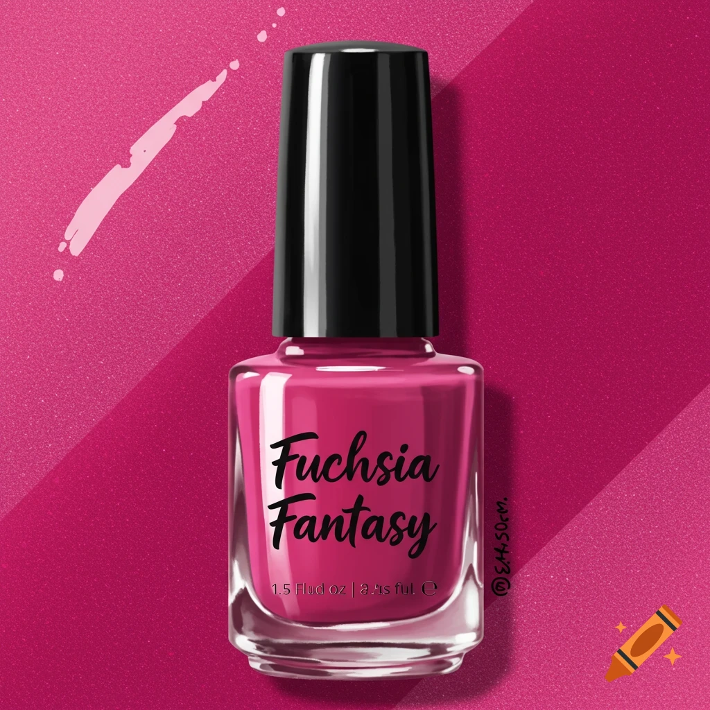 A bottle of fuchsia nail polish with the label "Fuchsia Fantasy" on a pink background.
