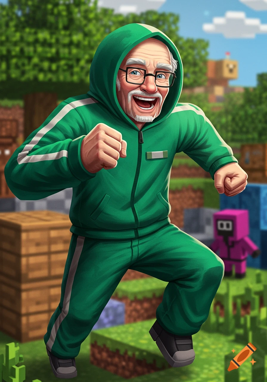 Illustration of an old man in a green Squid Game tracksuit running in a Minecraft world with blocky terrain and a pink guard figure.