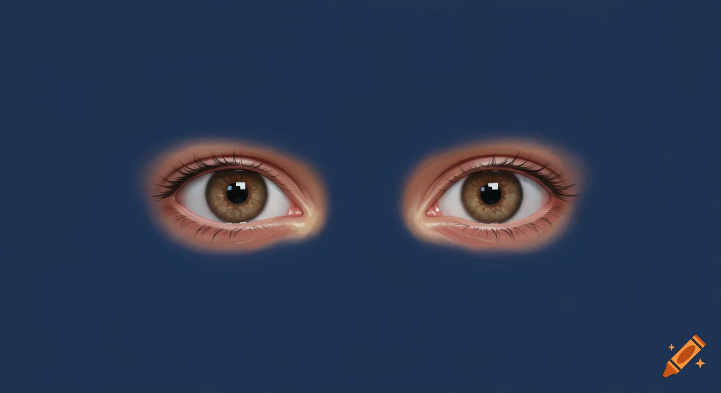 Two brown eyes against a blue background.