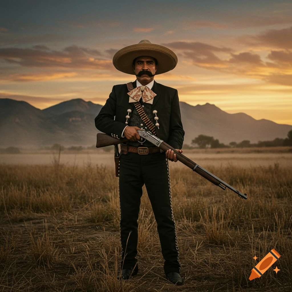 A man in a sombrero and charro suit stands in a field holding a rifle at sunset with mountains in the background.