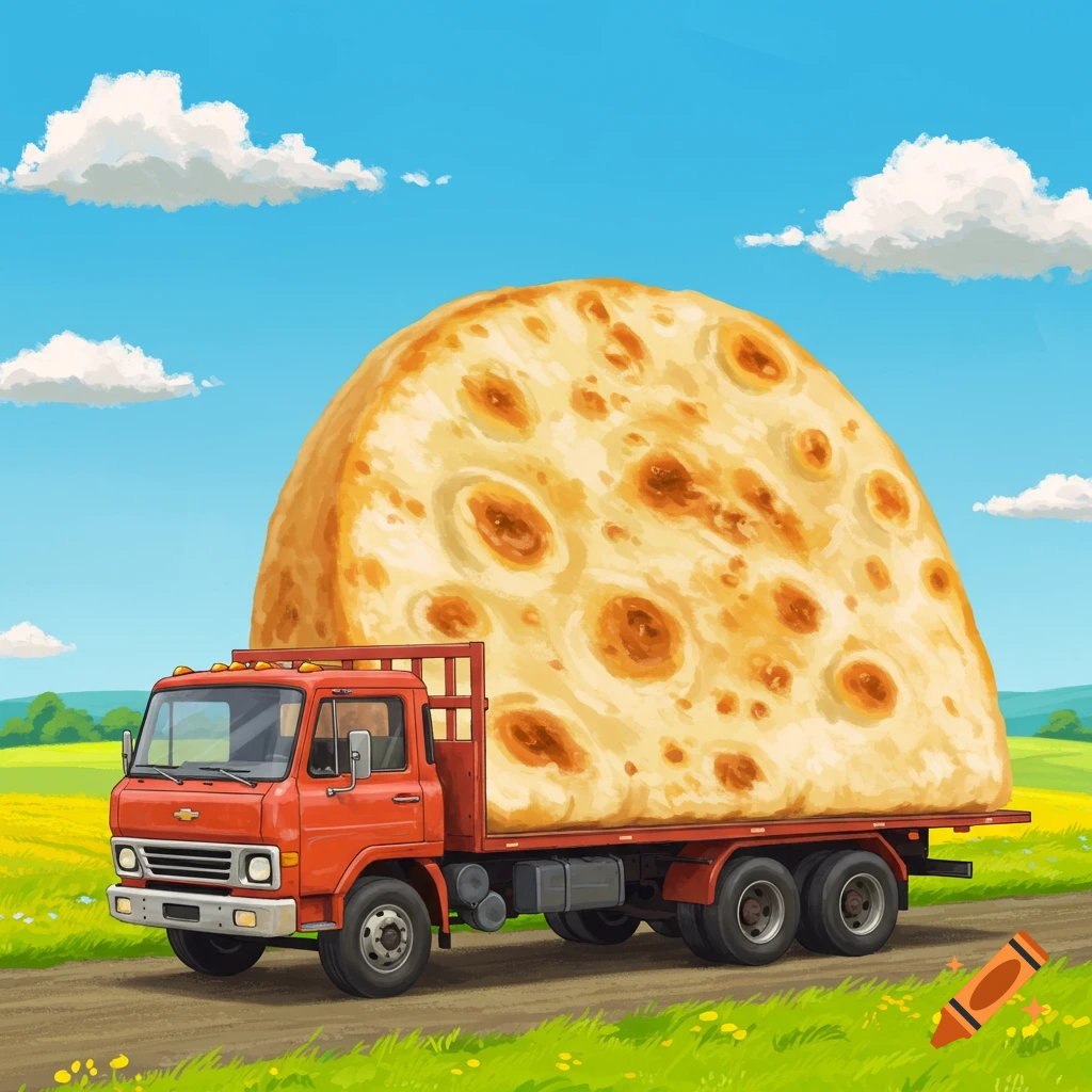 A red flatbed truck drives on a dirt road, carrying a giant flatbread on its bed in a cartoon style.