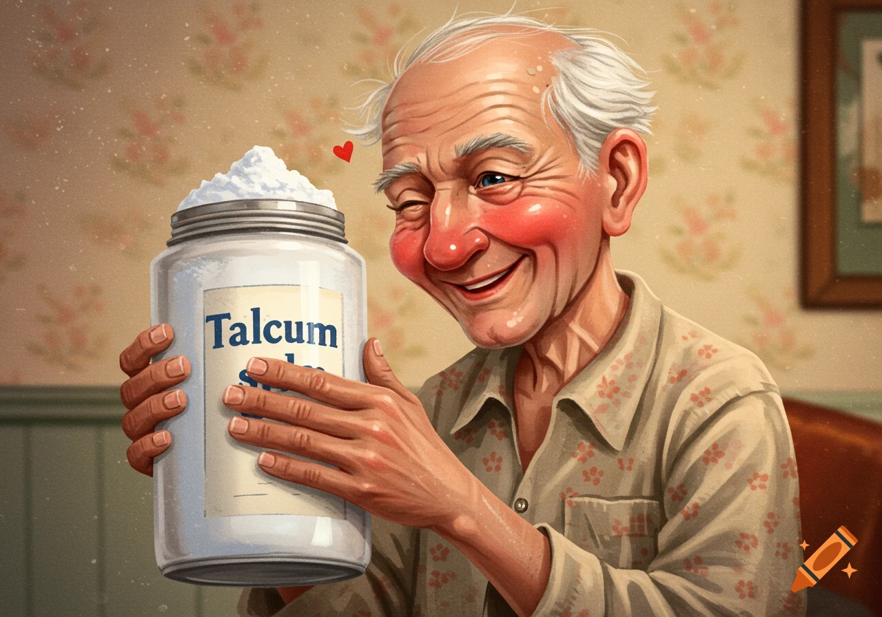 Illustration of a happy old man holding a large jar of talcum powder.