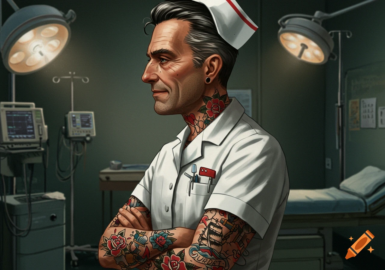 Illustrated nurse in a medical setting, in profile, showing traditional style arm and neck tattoos.