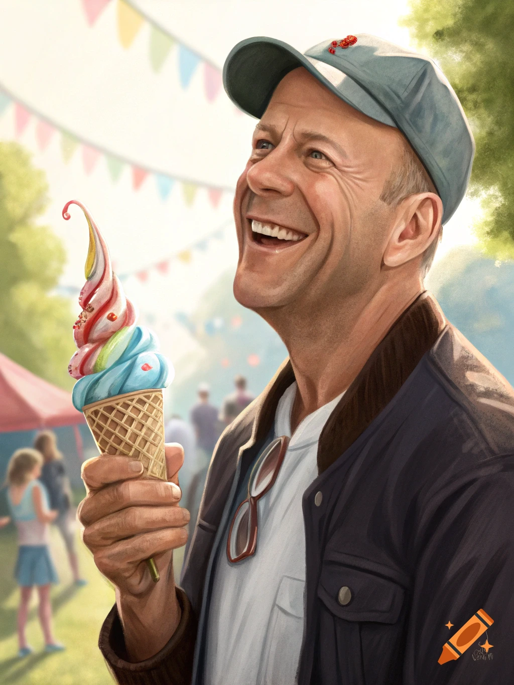 Bruce Willis smiles holding ice cream cone at an outdoor fair.