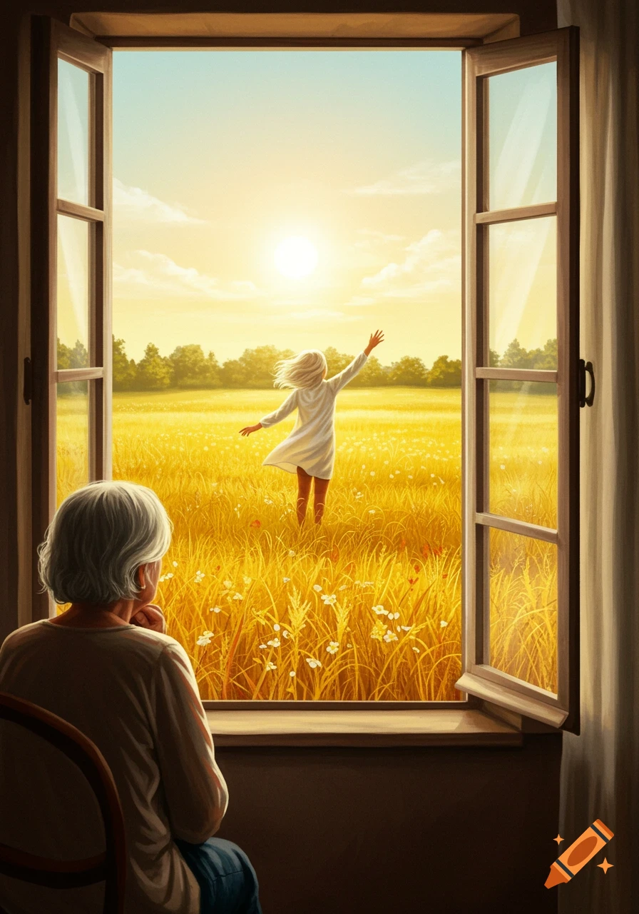 An older woman looks out a window at a younger version of herself in a golden field bathed in sunlight, illustration.