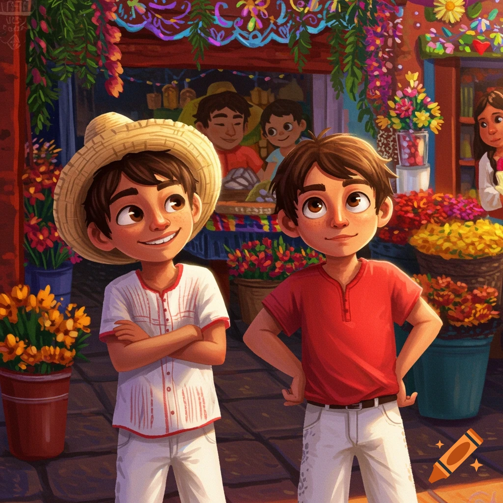 Two stylized boys stand in a marketplace with flowers. One wears a straw hat and white shirt, the other a red shirt.