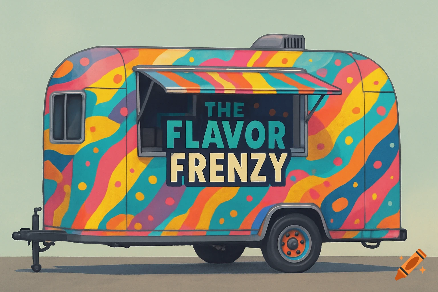 A vibrantly colorful food trailer with 'The Flavor Frenzy' written on the side