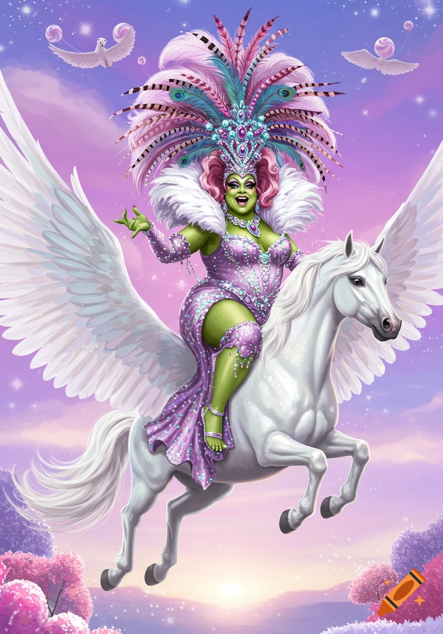 Ogre-like drag queen with pink hair rides a white pegasus through a colorful sky.