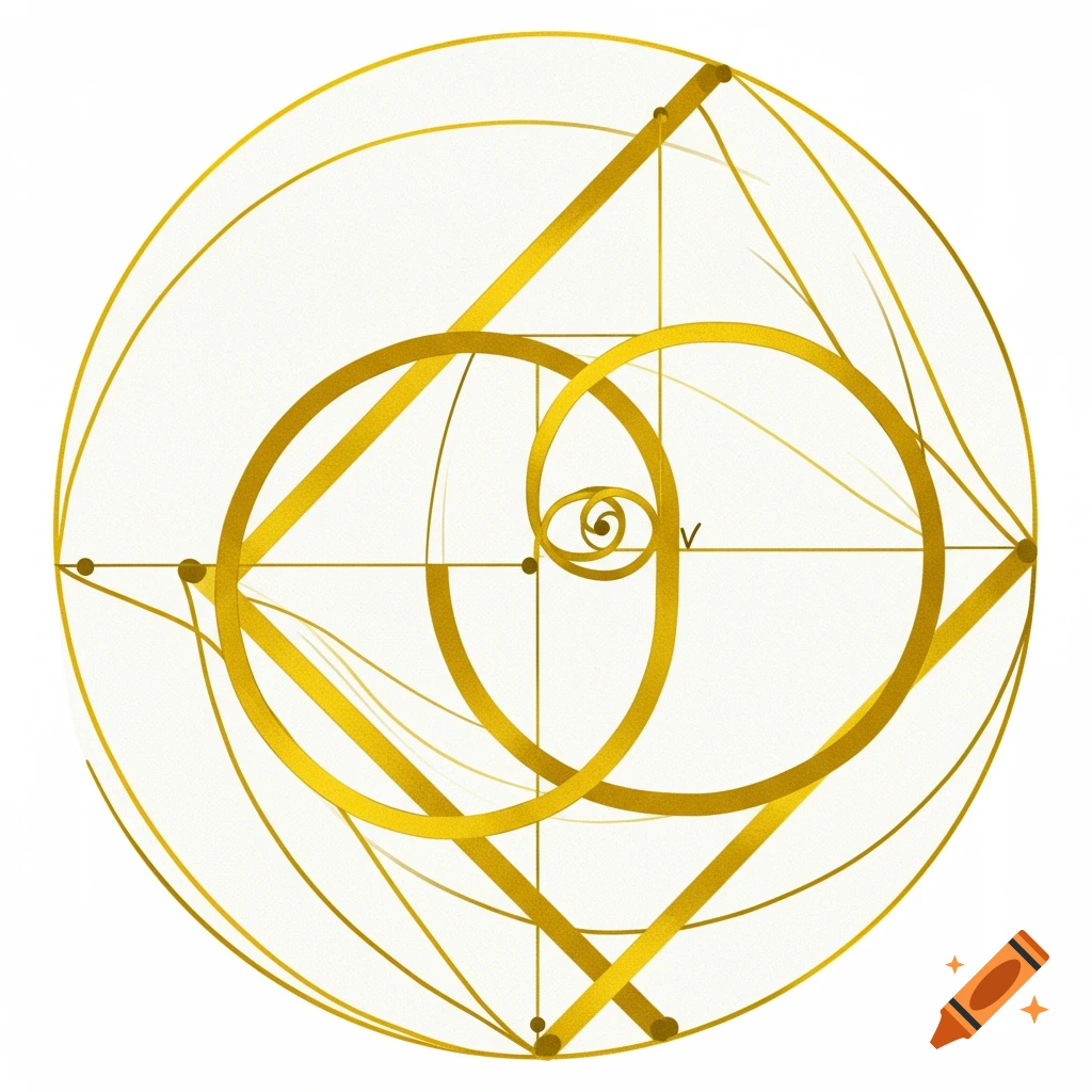 Golden lines forming a geometric diagram of the golden ratio and a spiral within a circle on a white background.