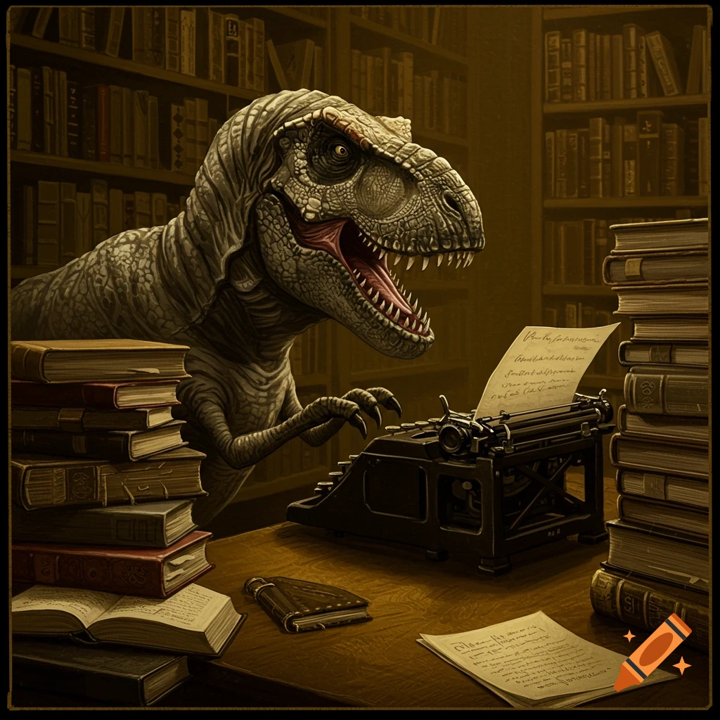 A Tyrannosaurus Rex types on a vintage typewriter at a desk piled with books in a dark academia library setting.