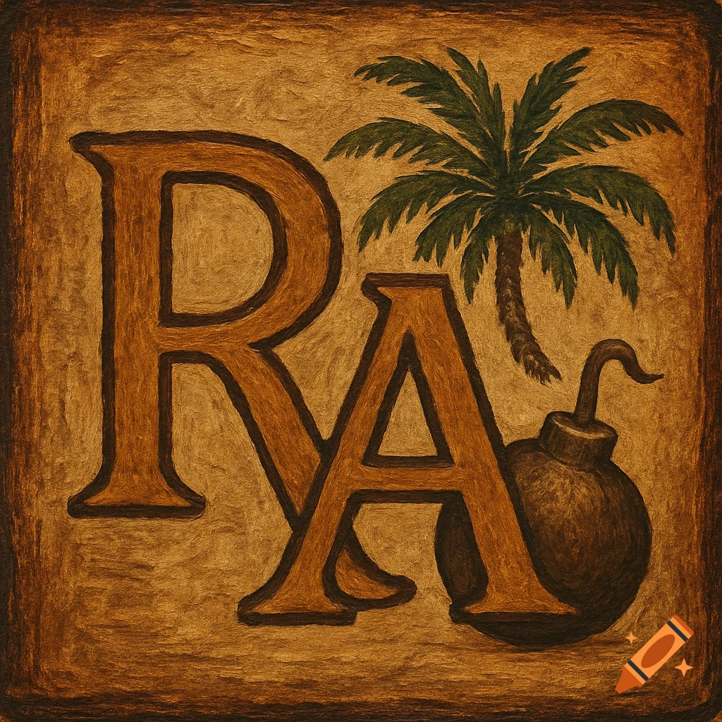 Rustic logo with letters RA, palm tree, and bomb