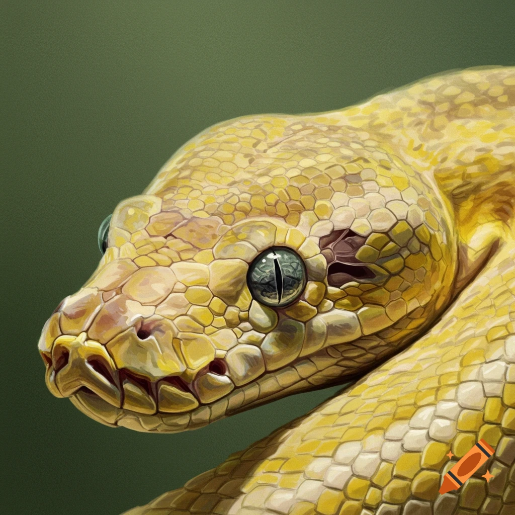 Close-up of a yellow python head with a damaged eye area against a green background.