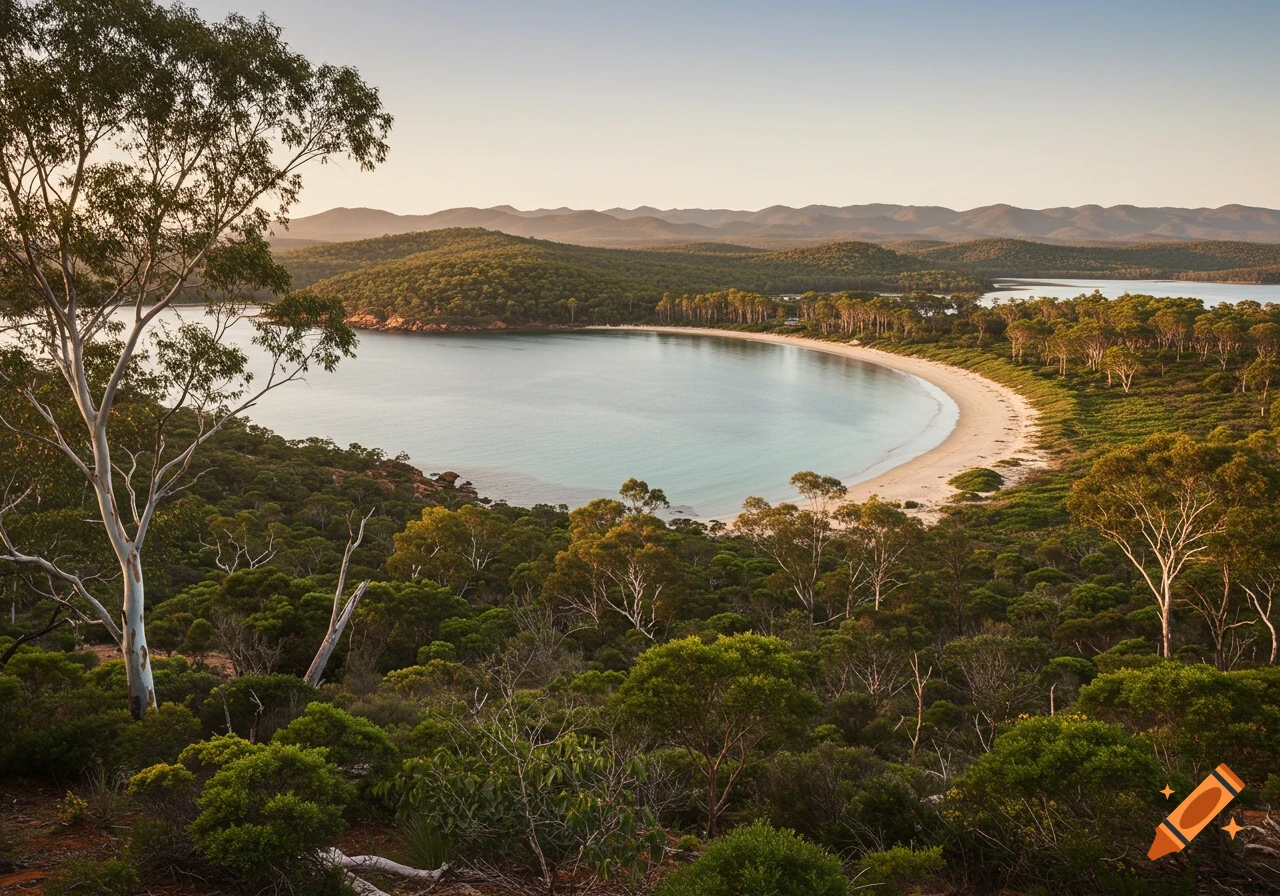 Aerial view of a curved sandy bay, calm water, and lush green trees and hills under a clear sky.