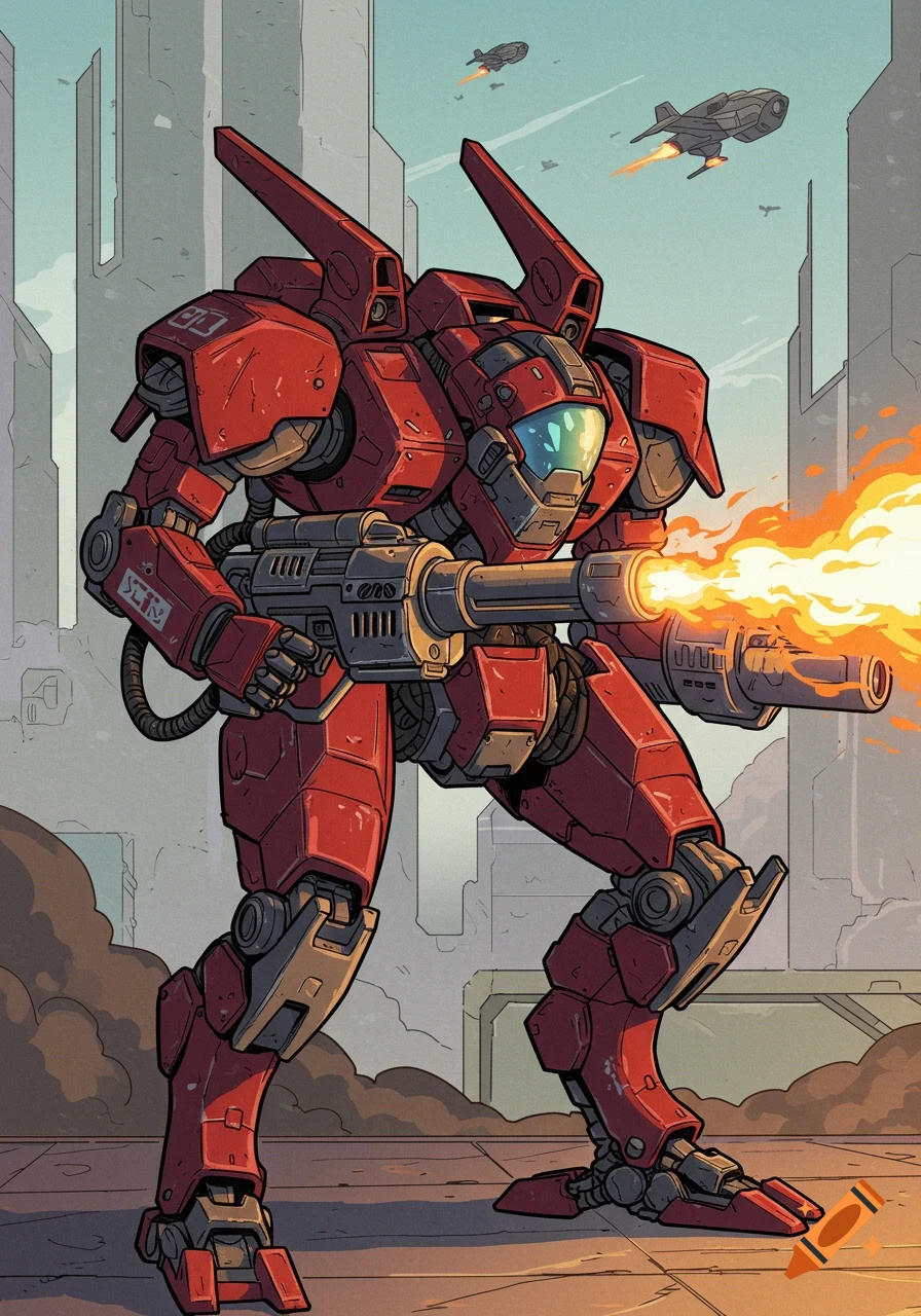Illustration of a red mech firing a flamethrower in a futuristic city.
