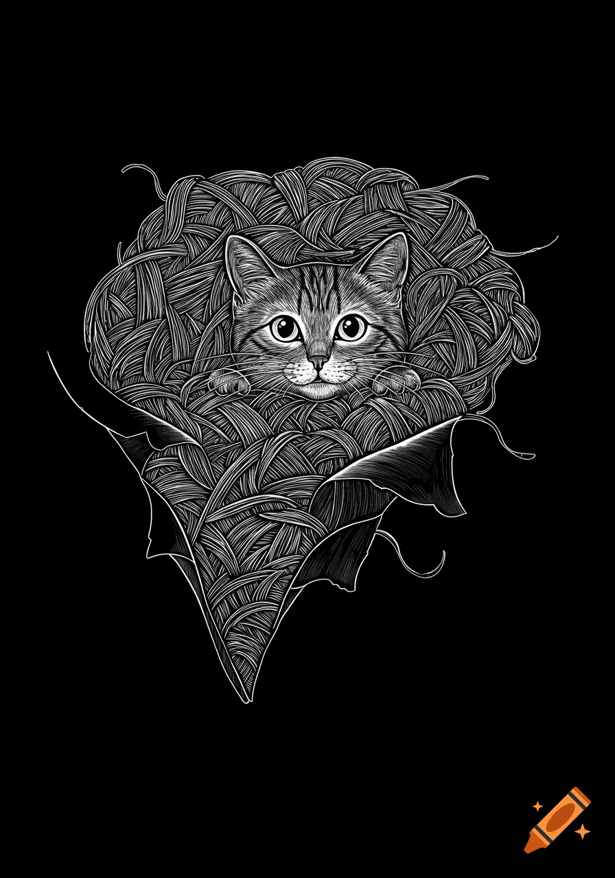 Black and white fine-line illustration of a cat peering from a pile of yarn that looks like it's breaking through a surface.