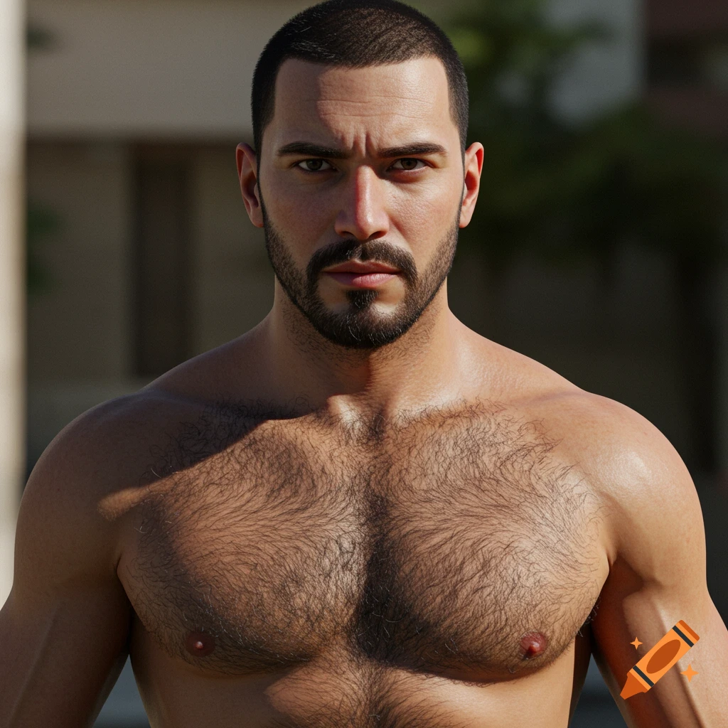 Close-up portrait of a muscular man with a hairy chest.