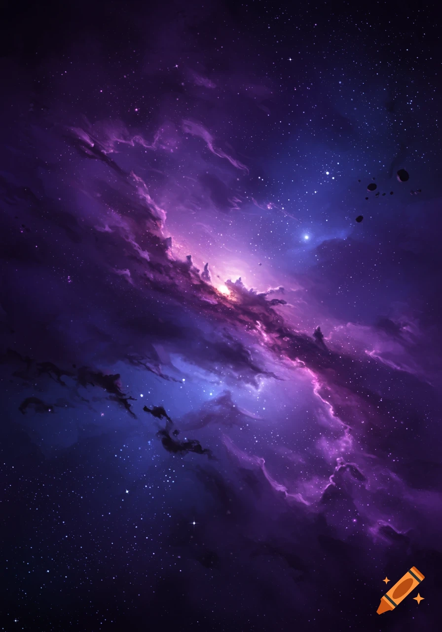 A nebula in space with purple and blue clouds, stars, and asteroids.
