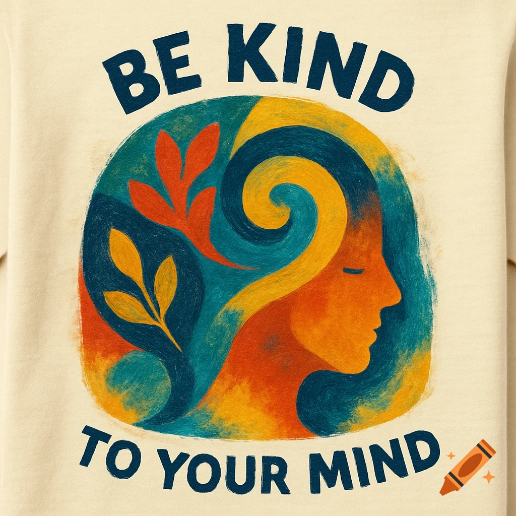 Abstract illustration with textured style showing a profile head, plants, and swirling shapes, with the text BE KIND TO YOUR MIND.