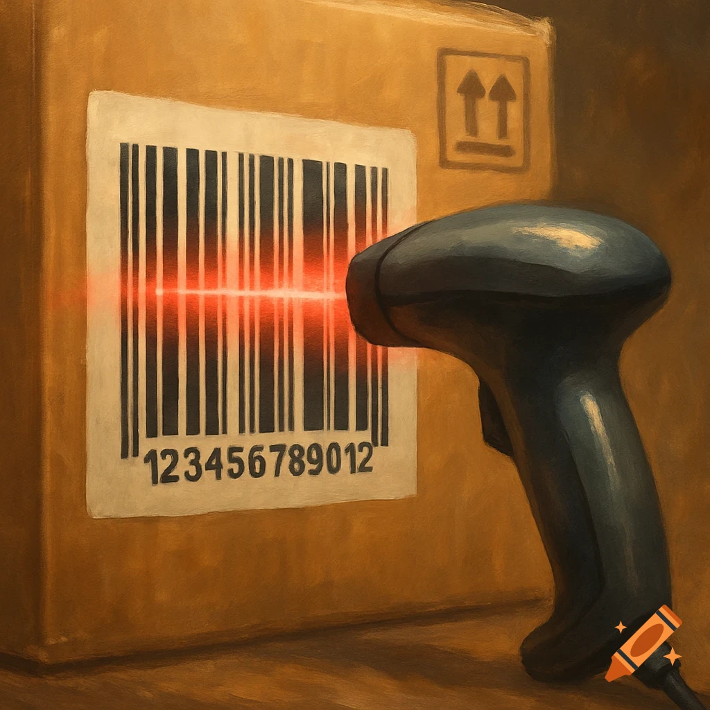 A barcode scanner scans a barcode on a shipping box in a painterly style.