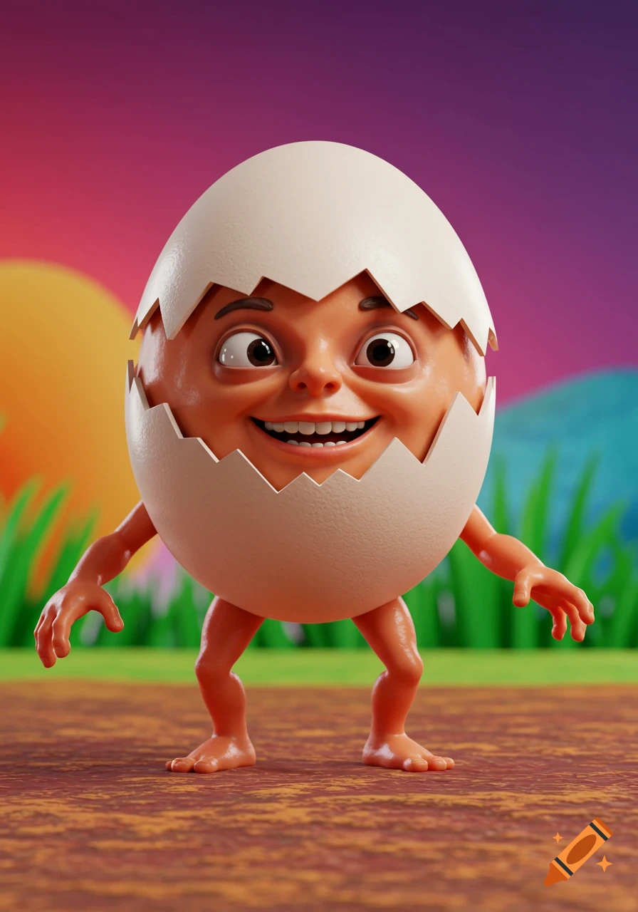 A cartoony 3D rendering of a cracked egg with a human face, arms, and legs, standing in a simple landscape.