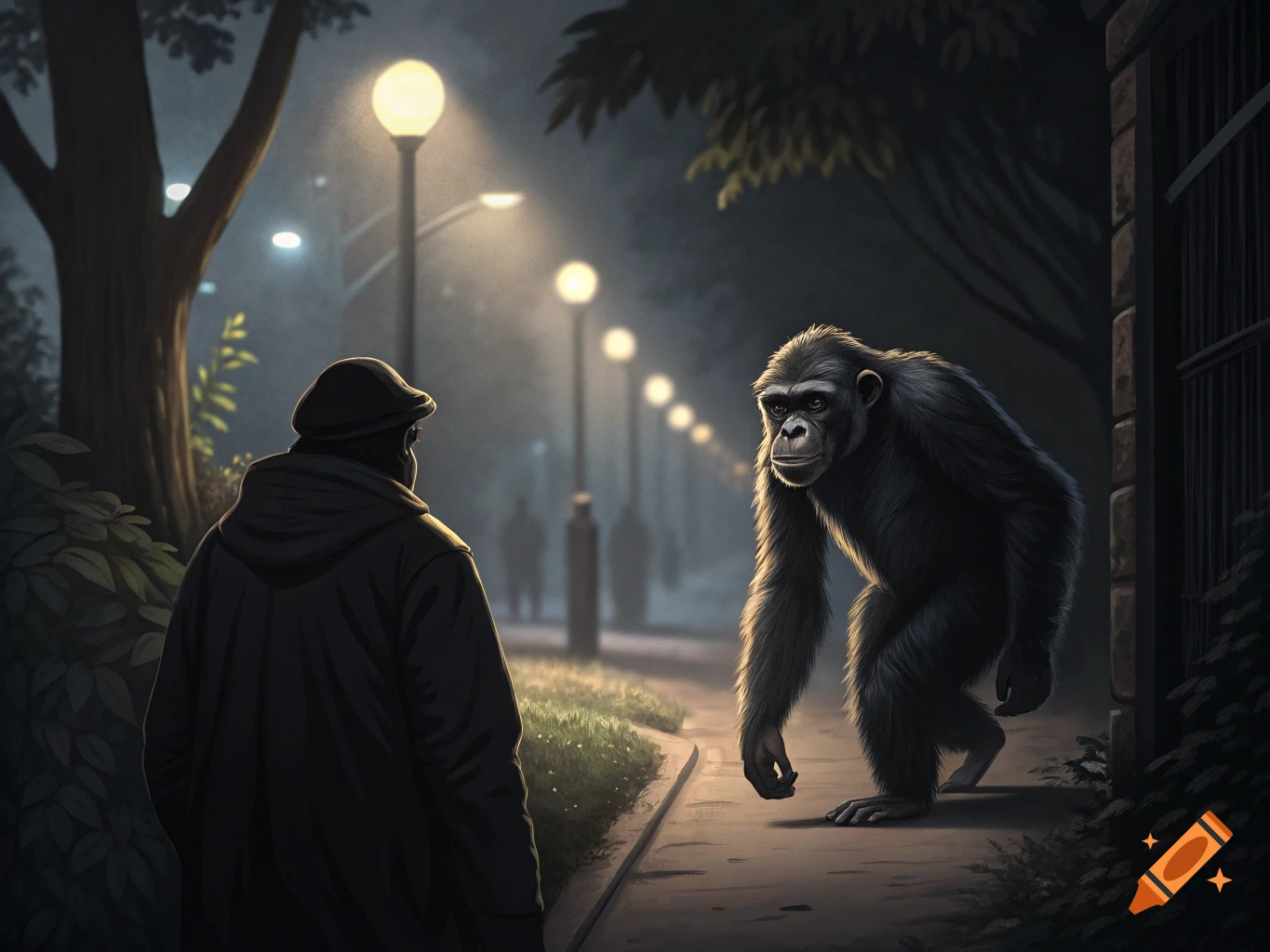 A person in a coat and cap faces a chimpanzee standing on a path in a dimly lit park at night.