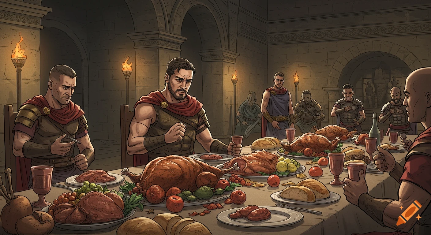 Comic art of men in Roman attire feasting at a long table in a stone hall.