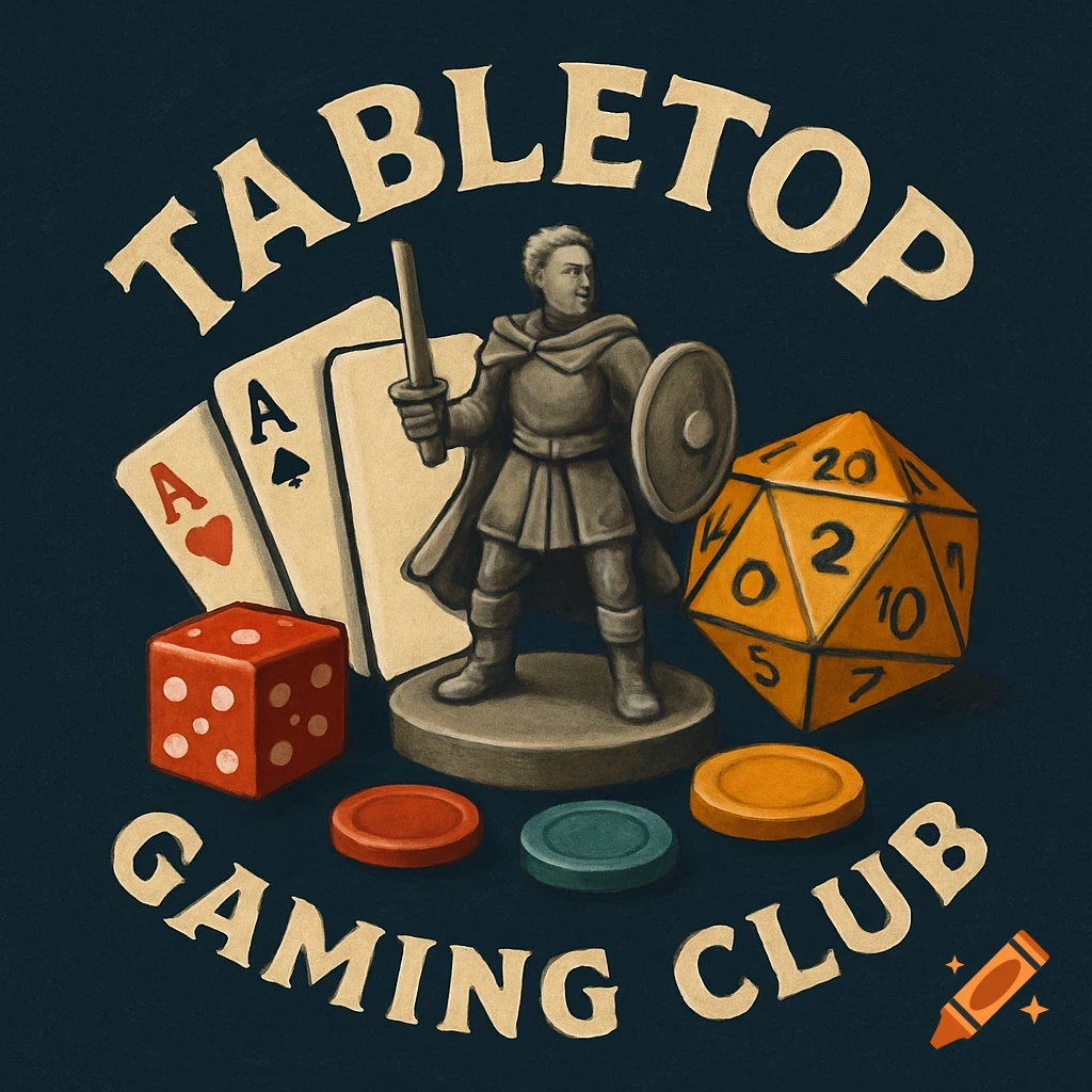 Logo for a tabletop gaming club featuring cards, dice, a miniature figure, gaming tokens, and the text "TABLETOP GAMING CLUB".