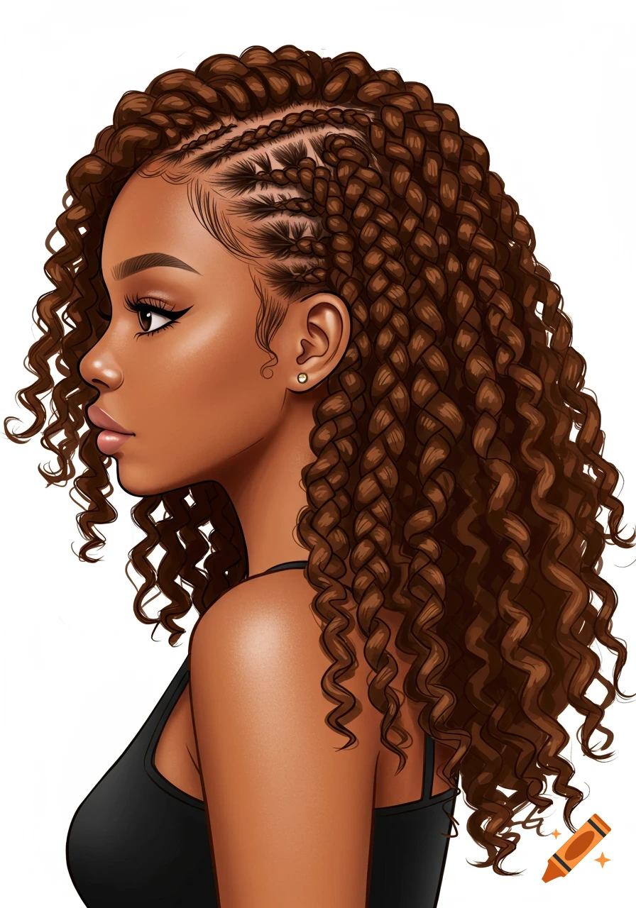 Stylized portrait of a woman with cornrow stitch braids and curly ends