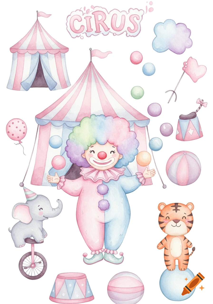 Pastel watercolor illustration of circus characters, tents, and elements including a clown, elephant, and tiger.